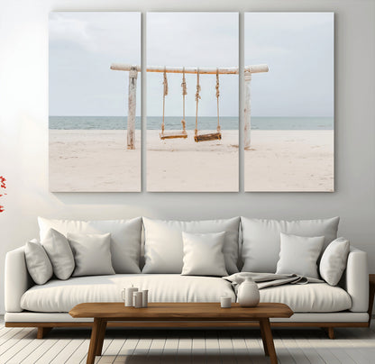 68327283-MGV-CV-48X32-3P-Beach Swing Wall Art Canvas Print, Framed Quiet Beach Art Picture Print, Calm Shoreline Perfect Bohemian Coastal Decor Artwork