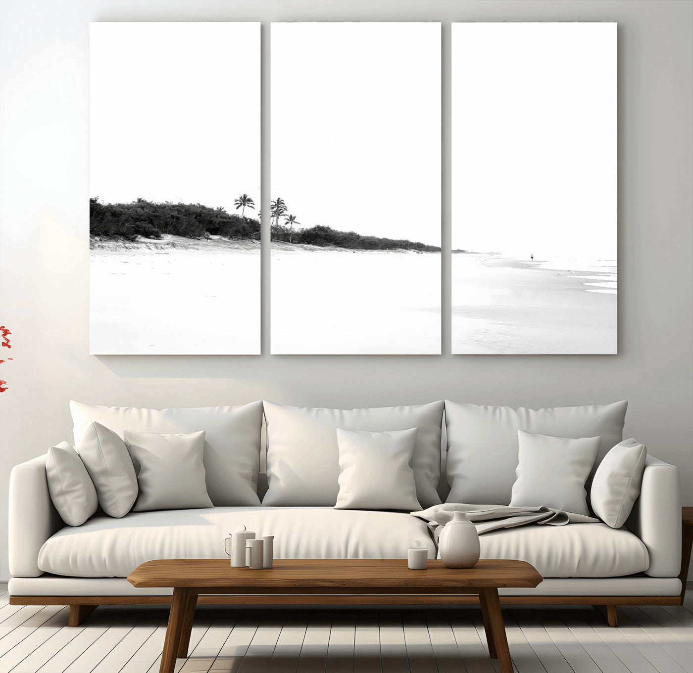 29611516-MGV-CV-48X32-3P-Black White Beach Wall Art Canvas Print, Framed Palm Trees Art Picture Print, Monochrome Tropical Perfect Minimalist Coastal Decor