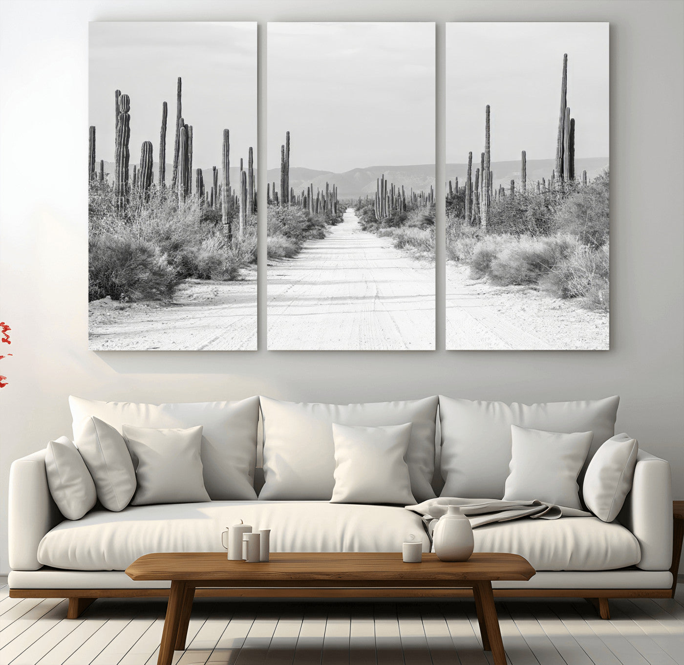 35537313-MGV-CV-36X24-Monochrome Desert Wall Art Canvas Print, Framed Cactus Path Art Picture Print, Southwestern Landscape Perfect Southwestern