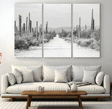 35537313-MGV-CV-36X24-Monochrome Desert Wall Art Canvas Print, Framed Cactus Path Art Picture Print, Southwestern Landscape Perfect Southwestern