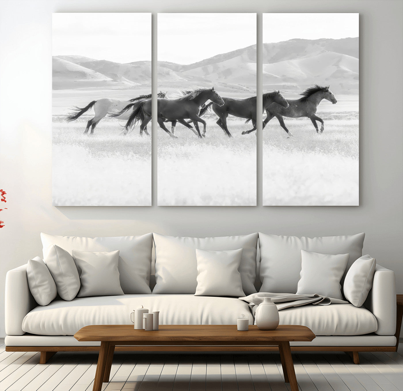 69934913-MGV-CV-48X32-3P-Wild Horses Running Wall Art Canvas Print, Framed Black White Mustangs Art Picture Print, Rustic Western Perfect Rustic Western