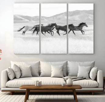 69934913-MGV-CV-36X24-Wild Horses Running Wall Art Canvas Print, Framed Black White Mustangs Art Picture Print, Rustic Western Perfect Rustic Western