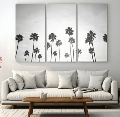 62298277-MGV-CV-48X32-3P-Monochrome Palms Wall Art Canvas Print, Framed Minimalist Trees Art Picture Print, Silhouetted Palms Perfect Tropical Minimalist
