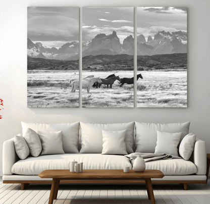 21655040-MGV-CV-48X32-3P-Wild Horses Wall Art Canvas Print, Framed Black White Mountains Art Picture Print, Rustic Countryside Perfect Rustic Western Decor