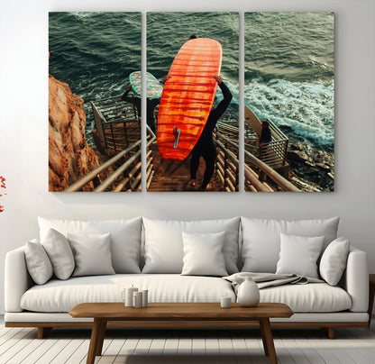 84555848-MGV-CV-48X32-3P-Surfer Stairway Wall Art Canvas Print, Framed Ocean Surf Art Picture Print, Sunset Coastal Perfect Coastal Adventure Decor Artwork