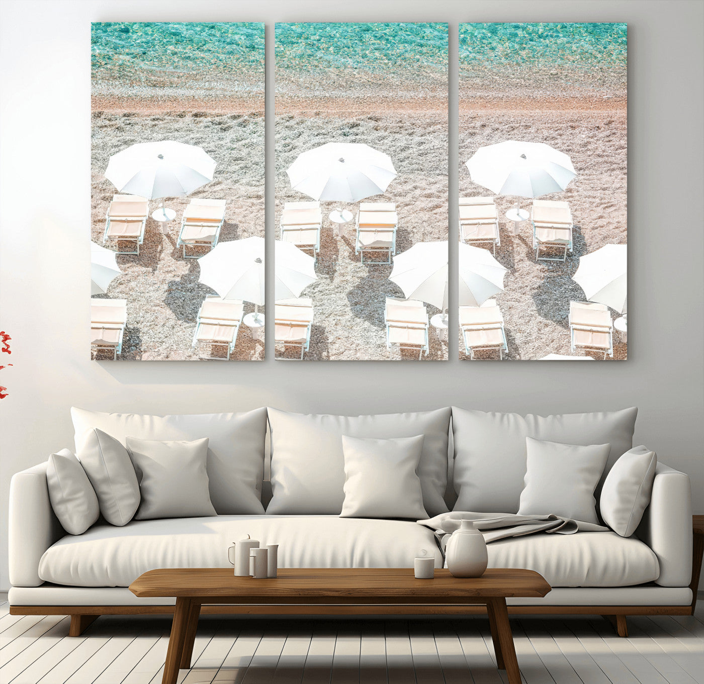 83736167-MGV-CV-48X32-3P-Calm Beach Wall Art Canvas Print, Framed Turquoise Water Art Picture Print, Umbrella Shoreline Perfect Coastal Minimalist Decor