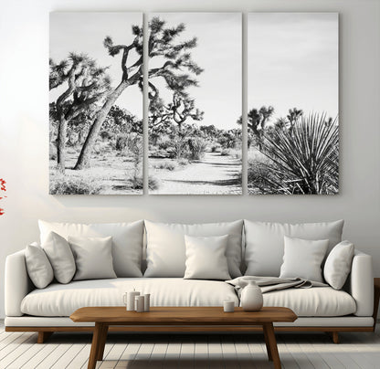 88164251-MGV-CV-48X32-3P-Joshua Tree Wall Art Canvas Print, Framed Desert Path Art Picture Print, Monochrome Desert Perfect Minimalist Desert Decor Artwork