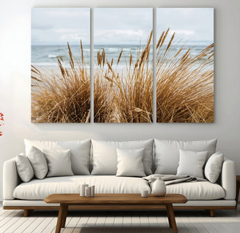 14270839-MGV-CV-48X32-3P-Beach Grass Wall Art Canvas Print, Framed Coastal Dunes Art Picture Print, Dune Grass Perfect Coastal Minimalist Decor Artwork