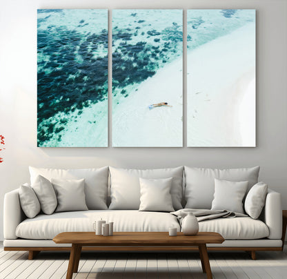 33764764-MGV-CV-48X32-3P-Minimal Beach Wall Art Canvas Print, Framed Ocean Swimming Art Picture Print, Clear Ocean Perfect Minimal Coastal Decor Artwork
