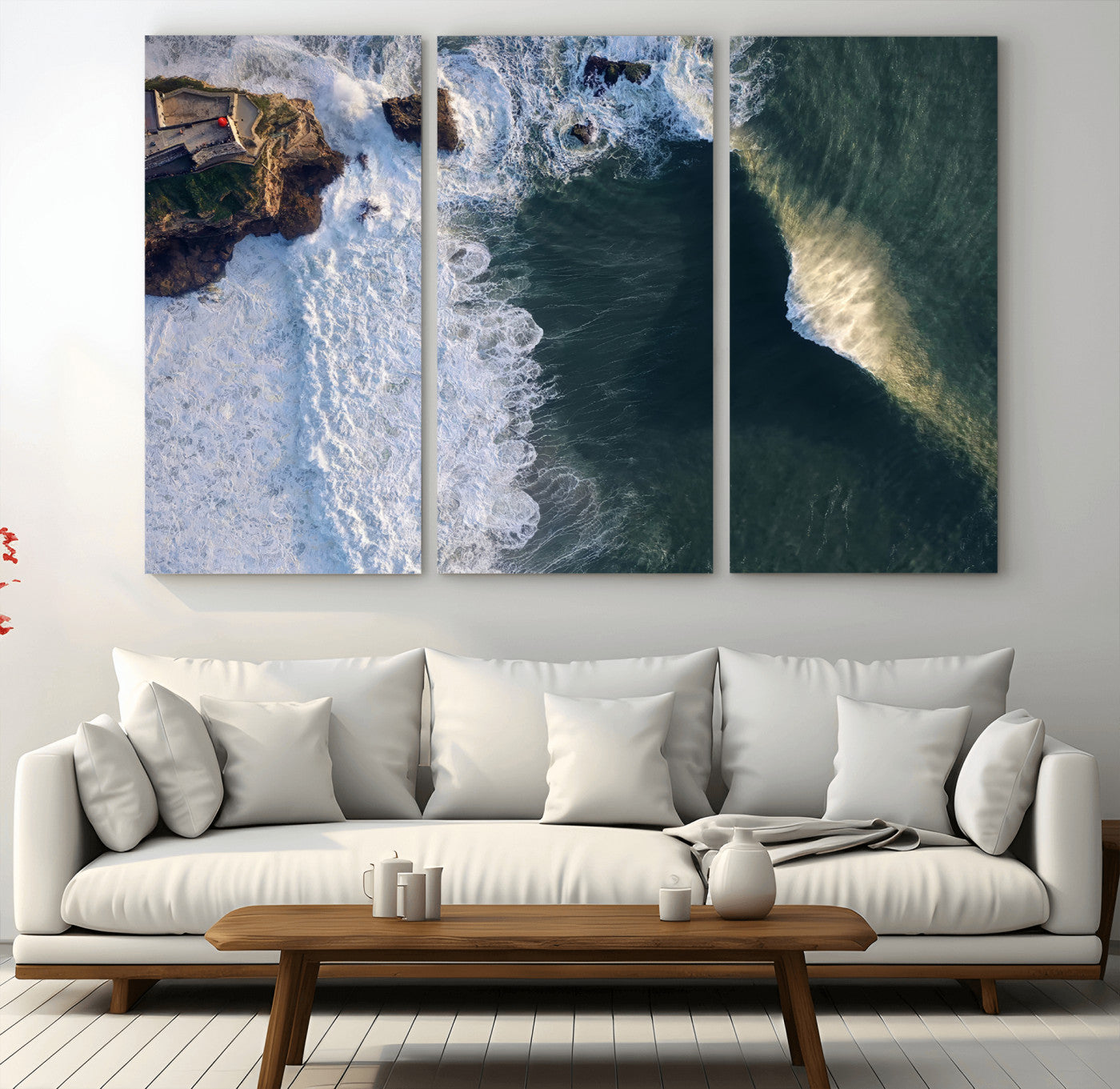 37405684-MGV-CV-48X32-3P-Nazare Coast Wall Art Canvas Print, Framed Aerial Ocean Art Picture Print, Coastal Fortress Perfect Dramatic Coastal Decor Artwork