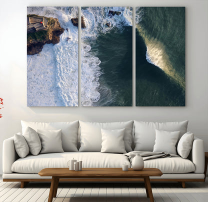 37405684-MGV-CV-48X32-3P-Nazare Coast Wall Art Canvas Print, Framed Aerial Ocean Art Picture Print, Coastal Fortress Perfect Dramatic Coastal Decor Artwork