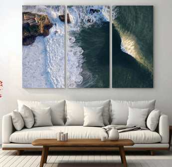 37405684-MGV-CV-36X24-Nazaré Coast Wall Art Canvas Print, Framed Aerial Ocean Art Picture Print, Coastal Fortress Perfect Dramatic Coastal Decor Artwork