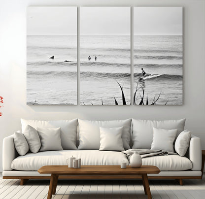 33821421-MGV-CV-48X32-3P-Surfer Silhouette Wall Art Canvas Print, Framed Calm Ocean Art Picture Print, Monochrome Surf Perfect Minimalist Coastal Decor