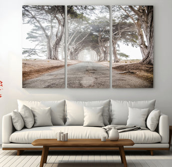 87090469-MGV-CV-48X32-3P-Cypress Tunnel Wall Art Canvas Print, Framed Misty Road Art Picture Print, Foggy Trees Perfect Rustic Woodland Decor Artwork