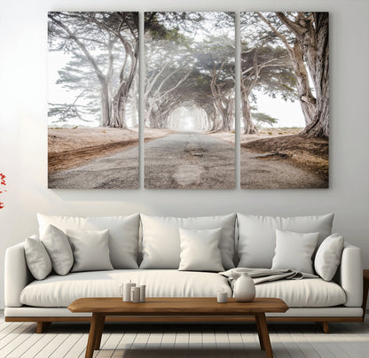 87090469-MGV-CV-48X32-3P-Cypress Tunnel Wall Art Canvas Print, Framed Misty Road Art Picture Print, Foggy Trees Perfect Rustic Woodland Decor Artwork