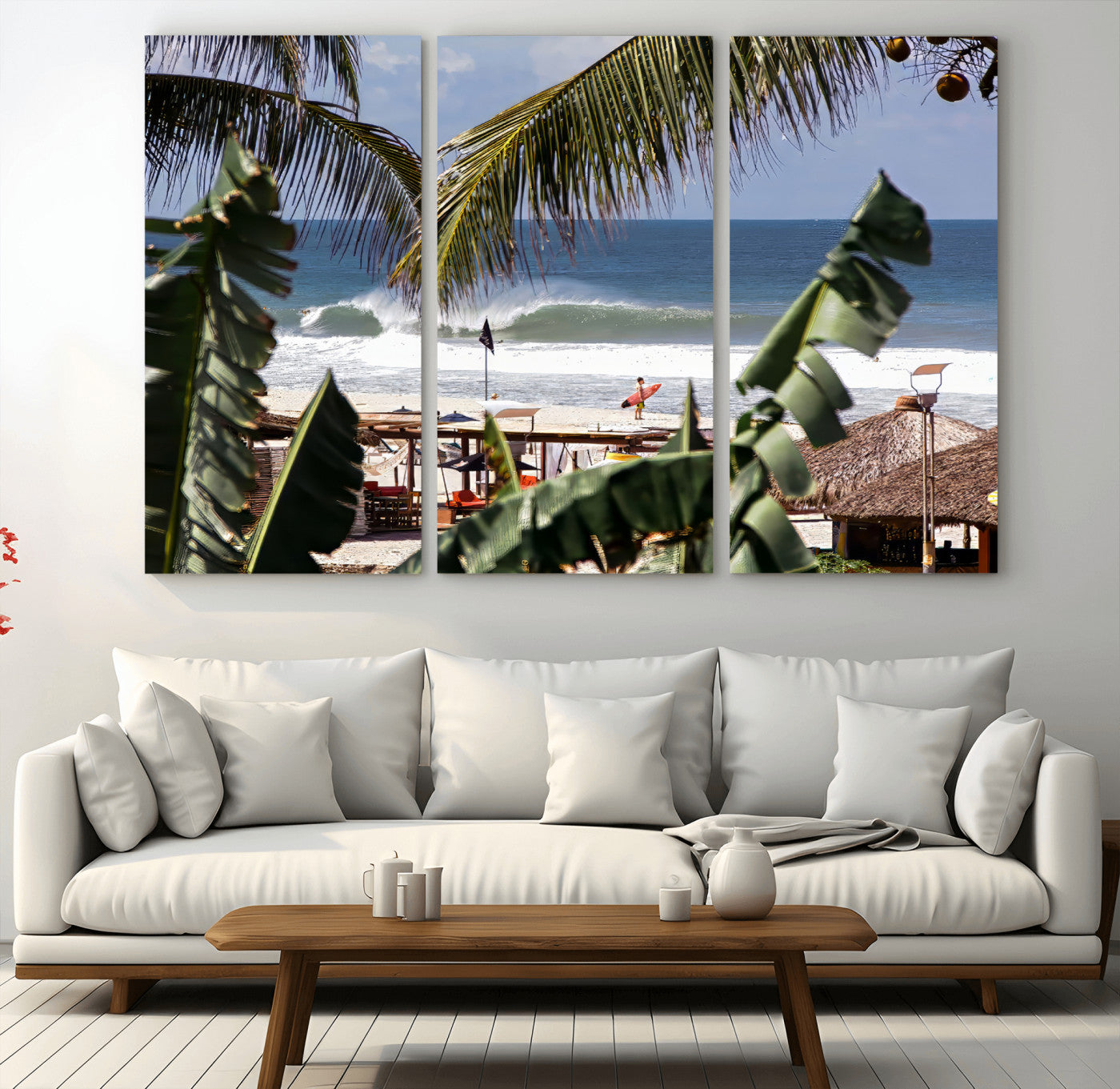 34722557-MGV-CV-48X32-3P-Tropical Shoreline Wall Art Canvas Print, Framed Surfer Beach Art Picture Print, Coastal Surf Perfect Tropical Coastal Decor