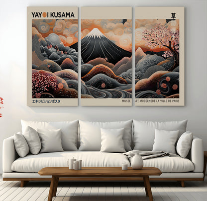 55739266-MGV-CV-36X24-Japanese Wall Art Print – Abstract Yayoi Kusama Inspired Dotted Landscape Poster, Surreal Oriental Mountain and Cherry Blossom