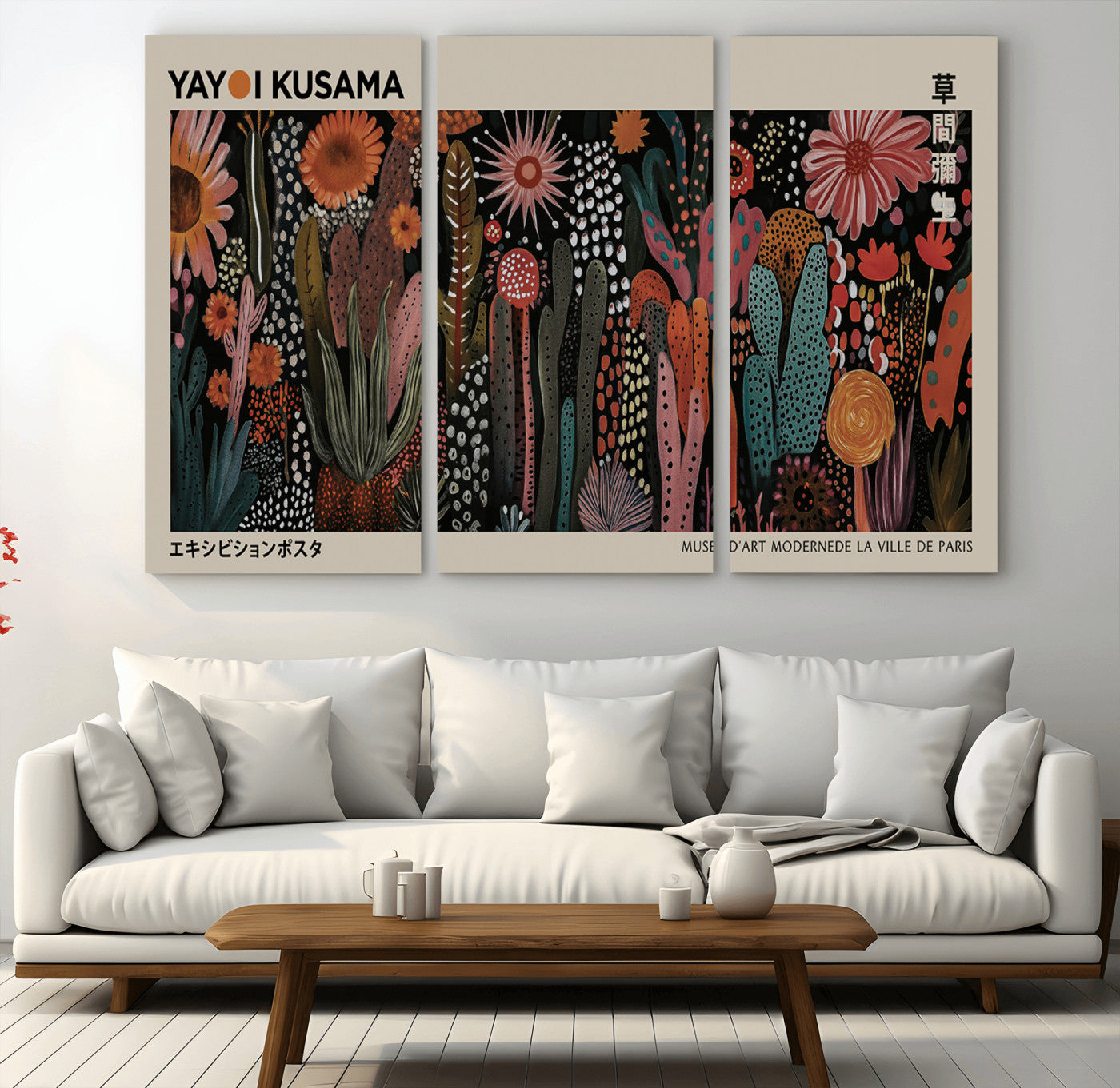 28344895-MGV-CV-36X24-Dark Floral Abstract Wall Art Poster – Modern Botanical Canvas Print with Beige Border, Kusama Inspired Boho Flower Painting,