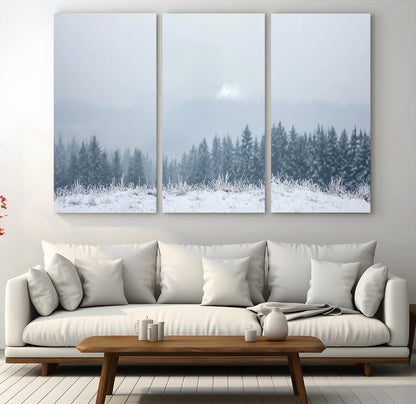 33033082-MGV-CV-48X32-3P-Winter Forest Art Wall Art Canvas Print, Framed Snowy Landscape Art Picture Print, Misty Tree Scene Perfect Nordic Minimalist