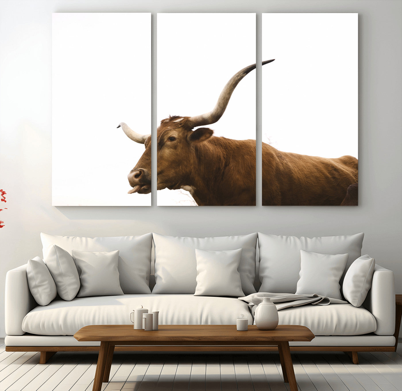 62566114-MGV-CV-48X32-3P-Longhorn Cow Art Wall Art Canvas Print, Framed Rustic Animal Decor Art Picture Print, Texas Bull Photo Perfect Rustic Farmhouse