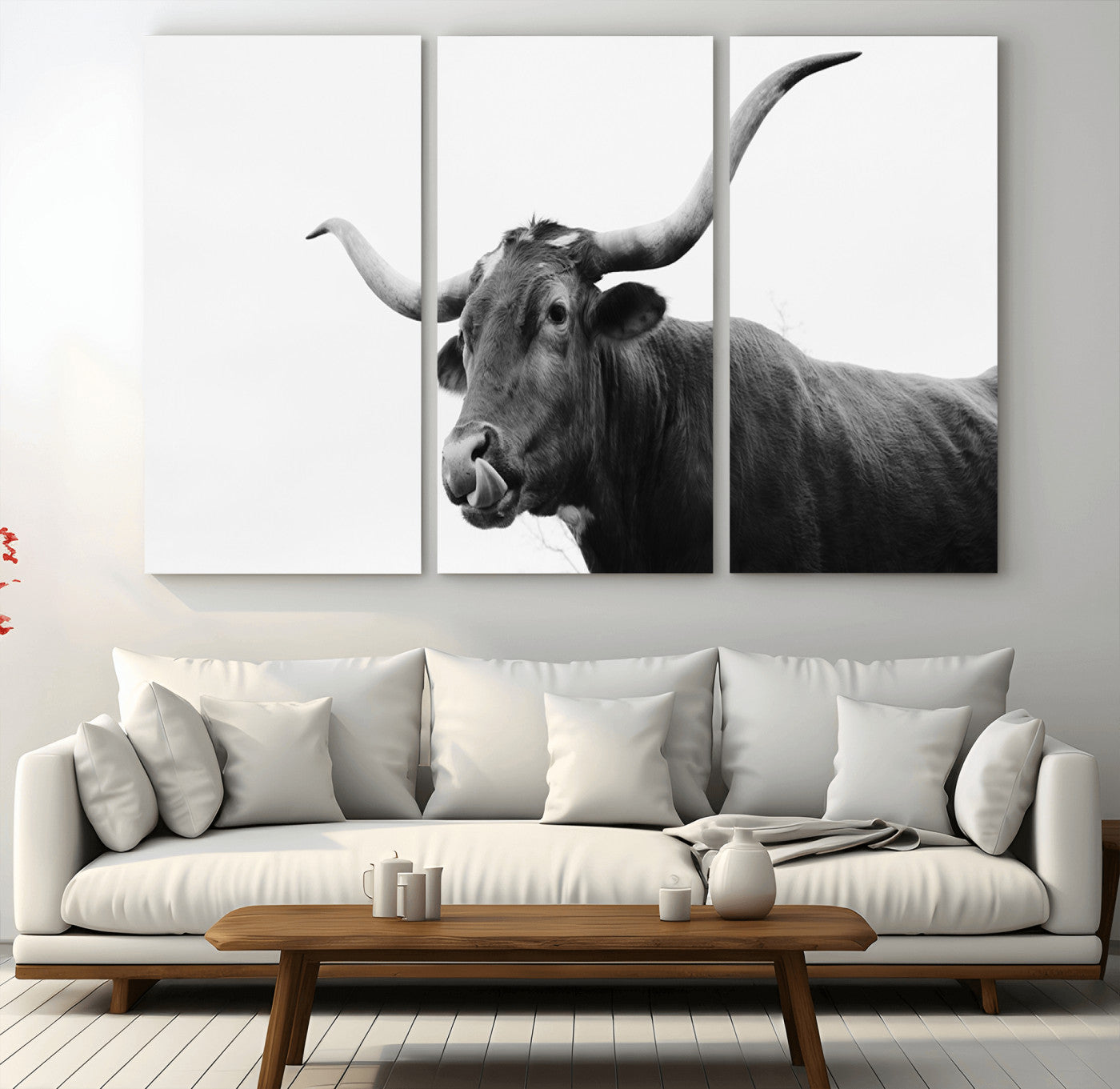 99244177-MGV-CV-36X24-Longhorn Photography Wall Art Canvas Print, Framed Western Cow Decor Art Picture Print, Black White Bull Perfect Modern Rustic