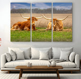 97244565-MGV-CV-48X32-3P-Longhorn Duo Wall Art Canvas Print, Framed Cozy Ranch Vibes Art Picture Print, Western Ranch Decor Perfect Rustic Farmhouse Decor