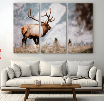 70489411-MGV-CV-48X32-3P-Elk Photography Wall Art Canvas Print, Framed Mountain Wildlife Art Picture Print, Rustic Nature Decor Perfect Rustic Lodge Decor