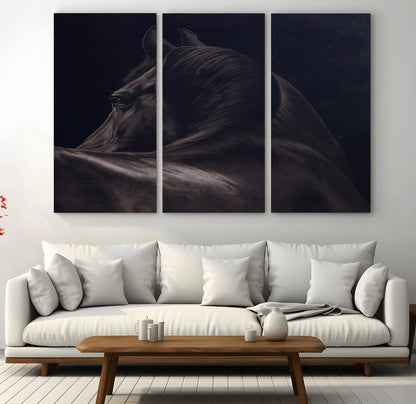 67026880-MGV-CV-48X32-3P-Black Horse Portrait Wall Art Canvas Print, Framed Moody Horse Decor Art Picture Print, Equestrian Wall Style Perfect Masculine
