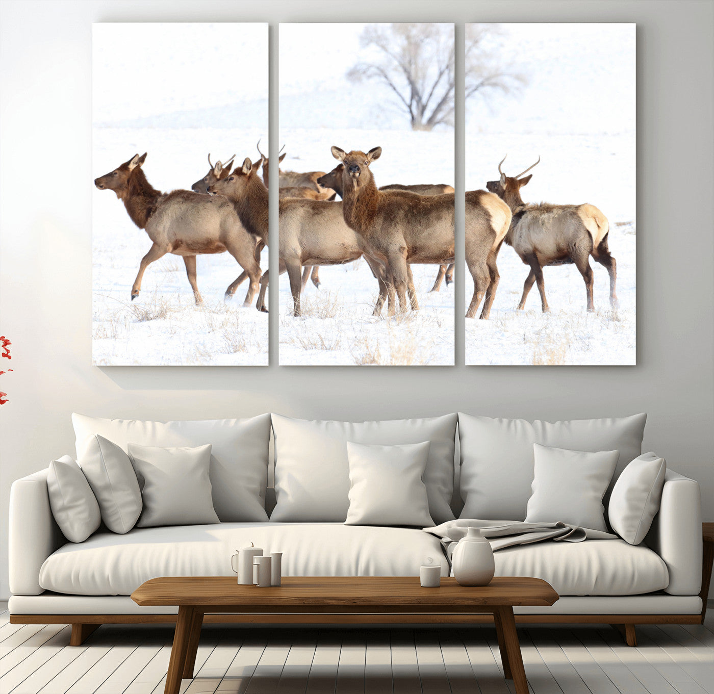 68738684-MGV-CV-48X32-3P-Winter Elk Scene Wall Art Canvas Print, Framed Wildlife Photography Art Picture Print, Snowy Deer Decor Perfect Rustic Lodge Decor