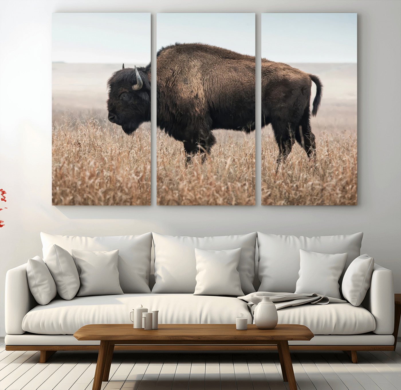 34451925-MGV-CV-48X32-3P-Rustic Bison Decor Wall Art Canvas Print, Framed Buffalo Home Accent Art Picture Print, Prairie Wildlife Scene Perfect Western