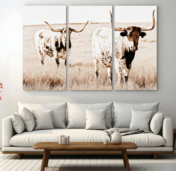 39672786-MGV-CV-48X32-3P-Rustic Cow Scene Wall Art Canvas Print, Framed Farmhouse Style Cattle Art Picture Print, Prairie Animal Duo Perfect Rustic Western