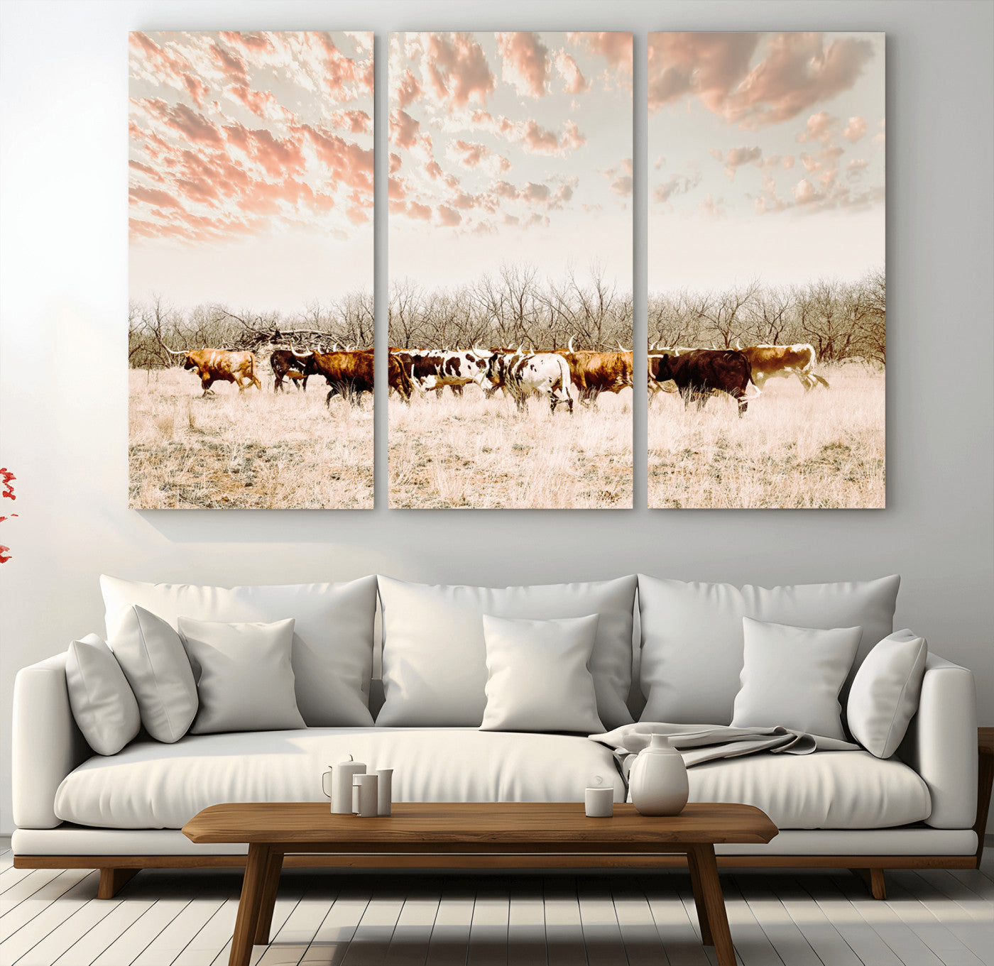 43704663-MGV-CV-48X32-3P-Country Cow Herd Wall Art Canvas Print, Framed Farmhouse Cattle Scene Art Picture Print, Rustic Ranch Decor Perfect Rustic