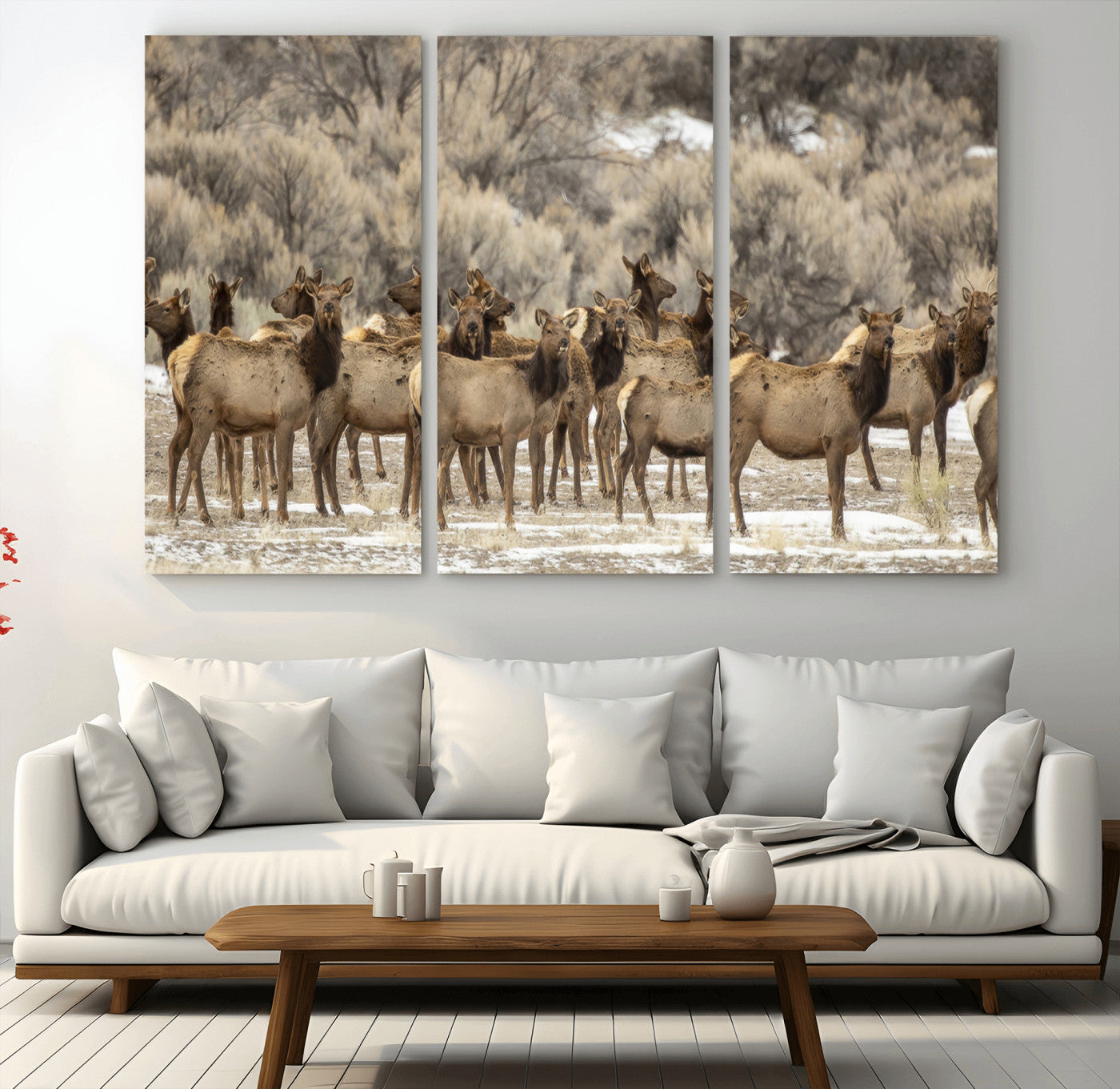 90269422-MGV-CV-48X32-3P-Elk Herd Scene Wall Art Canvas Print, Framed Rustic Wildlife Decor Art Picture Print, Western Cabin Style Perfect Rustic Lodge