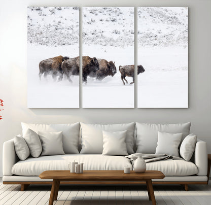 56216945-MGV-CV-48X32-3P-Bison Herd Decor Wall Art Canvas Print, Framed Snowy Bison Scene Art Picture Print, Winter Wildlife Theme Perfect Rustic Western