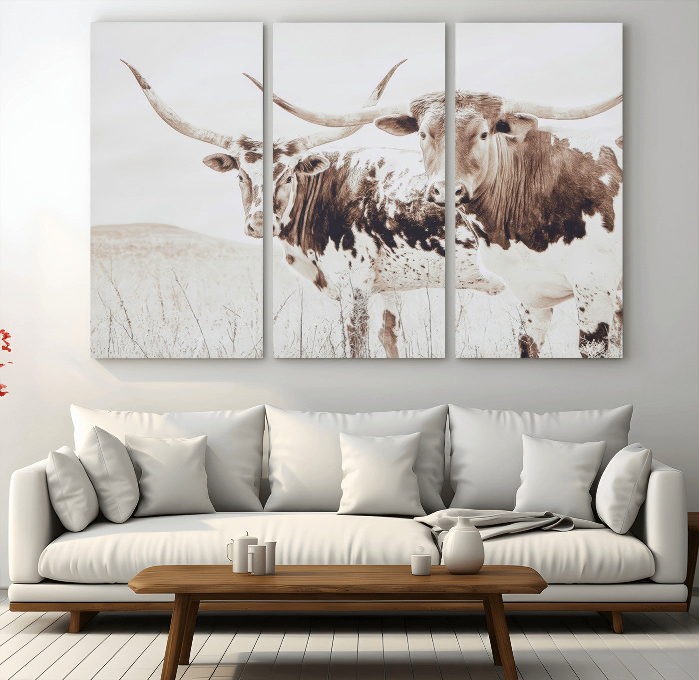 48161868-MGV-CV-48X32-3P-Longhorn Cow Decor Wall Art Canvas Print, Framed Rustic Cattle Art Picture Print, Sepia Western Vibe Perfect Neutral Rustic