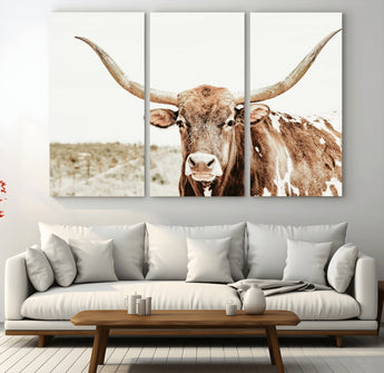 98924580-MGV-CV-36X24-Texas Longhorn Bull Wall Art Canvas Print, Framed Rustic Farmhouse Decor Art Picture Print, Western Animal Theme Perfect Rustic
