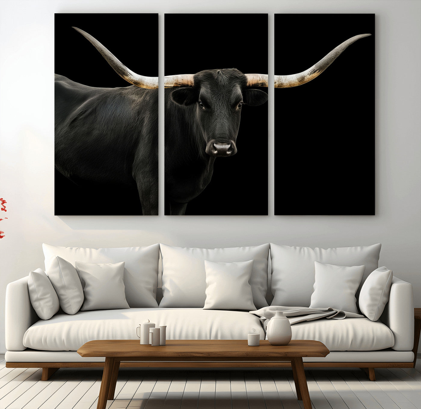 23572907-MGV-CV-48X32-3P-Texas Longhorn Wall Art Canvas Print, Framed Rustic Western Decor Art Picture Print, Farmhouse Animal Perfect Modern Western