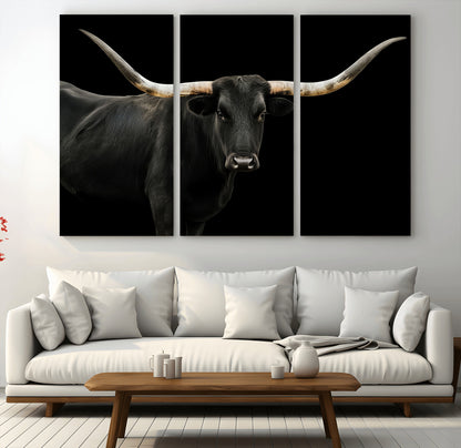 23572907-MGV-CV-48X32-3P-Texas Longhorn Wall Art Canvas Print, Framed Rustic Western Decor Art Picture Print, Farmhouse Animal Perfect Modern Western
