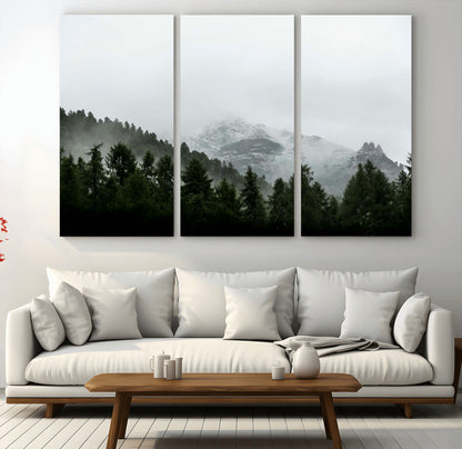 55968349-MGV-CV-36X24-Misty Mountains Wall Art Canvas Print, Framed Foggy Forest Art Picture Print, Snowy Peaks Perfect Moody Wilderness Decor Artwork