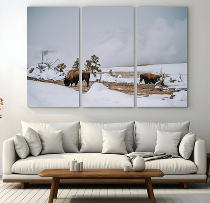 60308289-MGV-CV-36X24-Bison Wildlife Wall Art Canvas Print, Framed Snowy Prairie Art Picture Print, Western Landscape Perfect Rustic Winter Decor