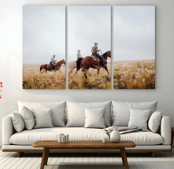 94723307-MGV-CV-36X24-Western Cowboys Wall Art Canvas Print, Framed Rustic Prairie Art Picture Print, Horseback Riding Perfect Rustic Western Decor