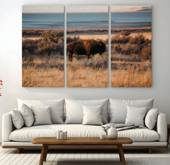 39509187-MGV-CV-36X24-Western Wildlife Wall Art Canvas Print, Framed Bison Art Picture Print, Golden Hour Perfect Western Rustic Decor Artwork