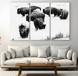 18914414-MGV-CV-36X24-Buffalo Herd Wall Art Canvas Print, Framed Black and White Art Picture Print, Snowy Landscape Perfect Rustic Lodge Decor Decor