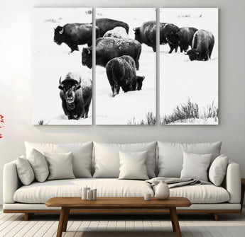 18914414-MGV-CV-36X24-Buffalo Herd Wall Art Canvas Print, Framed Black and White Art Picture Print, Snowy Landscape Perfect Rustic Lodge Decor Decor