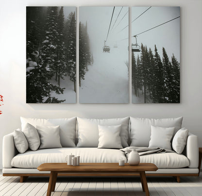 87018452-MGV-CV-36X24-Ski Lift Wall Art Canvas Print, Framed Snowy Pines Art Picture Print, Misty Landscape Perfect Winter Serenity Decor Artwork