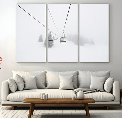20216390-MGV-CV-36X24-Ski Lift Wall Art Canvas Print, Framed Snowy Landscape Art Picture Print, Alpine Adventure Perfect Nordic Minimalist Decor Artwork