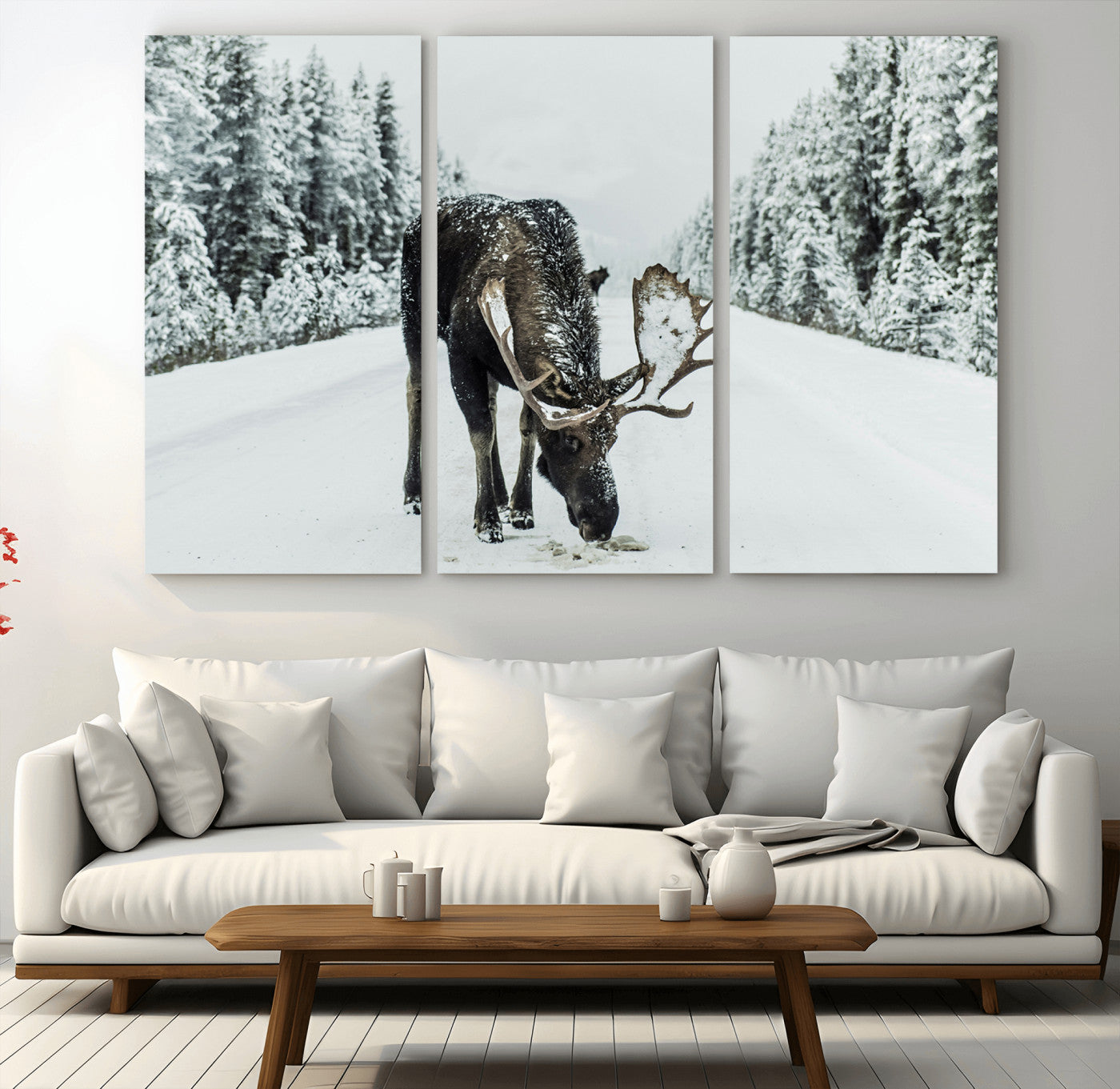 13316292-MGV-CV-36X24-Moose in Snow Wall Art Canvas Print, Framed Winter Wildlife Art Picture Print, Snowy Forest Scene Perfect Rustic Lodge Decor