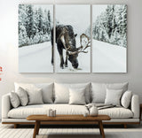 13316292-MGV-CV-36X24-Moose in Snow Wall Art Canvas Print, Framed Winter Wildlife Art Picture Print, Snowy Forest Scene Perfect Rustic Lodge Decor