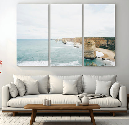 70095633-MGV-CV-36X24-Twelve Apostles Wall Art Canvas Print, Framed Coastal Cliffs Art Picture Print, Rugged Rock Formations Perfect Minimalist Coastal