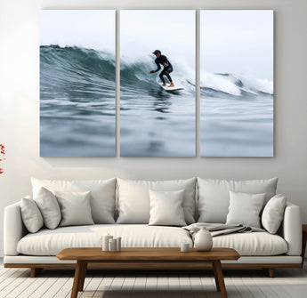 11693607-MGV-CV-36X24-Surfer on Wave Wall Art Canvas Print, Framed Ocean Adventure Art Picture Print, Motion Blur Water Perfect Coastal Adventure Decor
